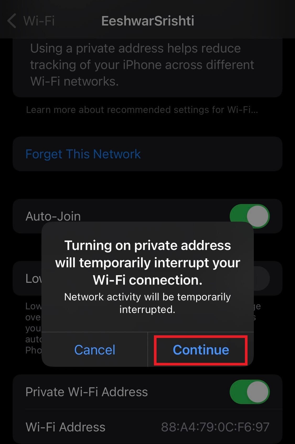 iphone private wifi netword open
