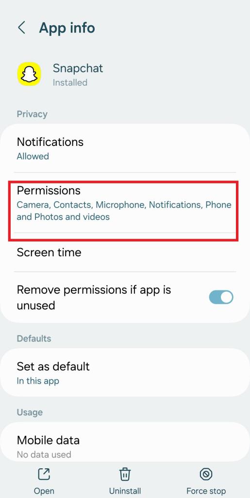 Permissions option