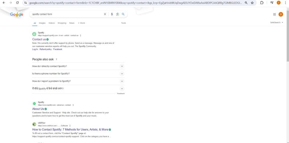 Spotify’s Contact Us page