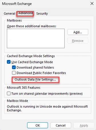 Outlook Data File Settings
